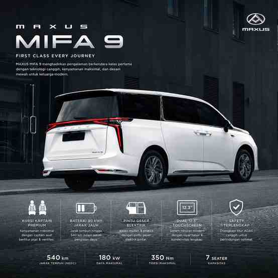 spesifikasi fitur maxus mifa 9 sangat lengkap dan di perlukan untuk keluarga dan ideal